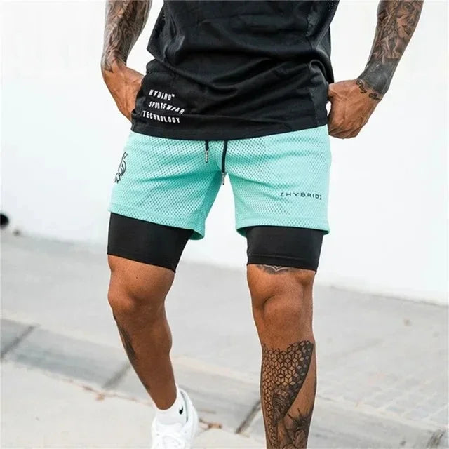 Men Double deck 2 in 1 Jogging Running Workout Shorts