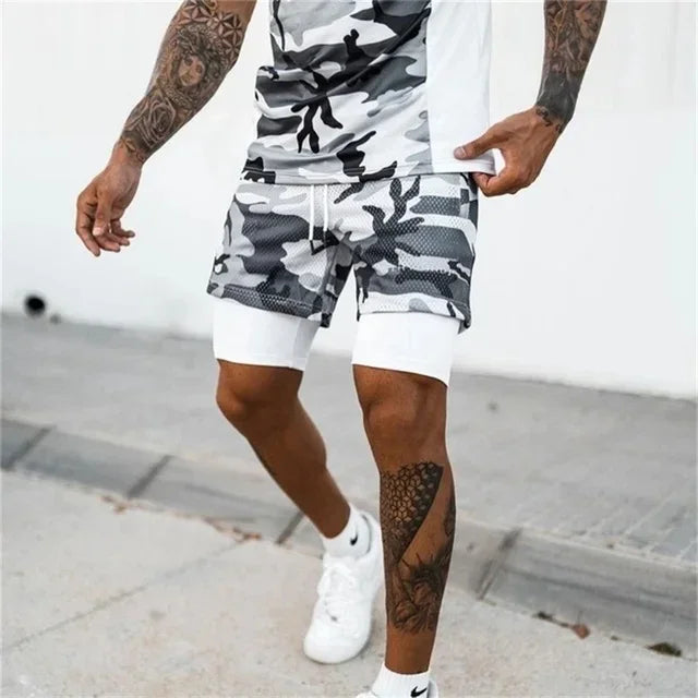 Men Double deck 2 in 1 Jogging Running Workout Shorts
