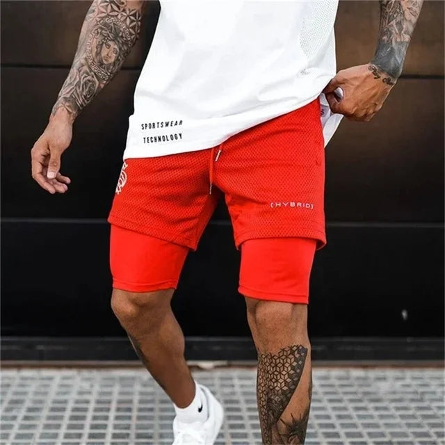Men Double deck 2 in 1 Jogging Running Workout Shorts