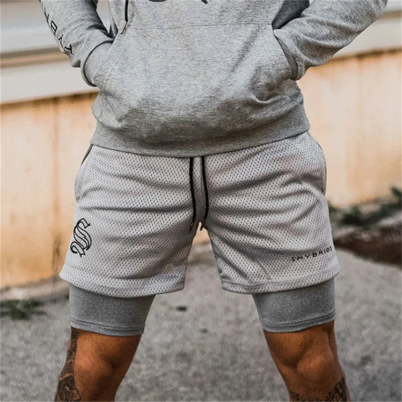 Men Double deck 2 in 1 Jogging Running Workout Shorts