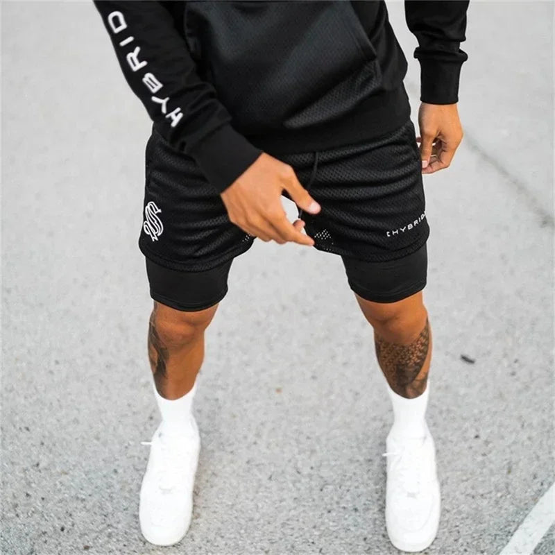 Men Double deck 2 in 1 Jogging Running Workout Shorts