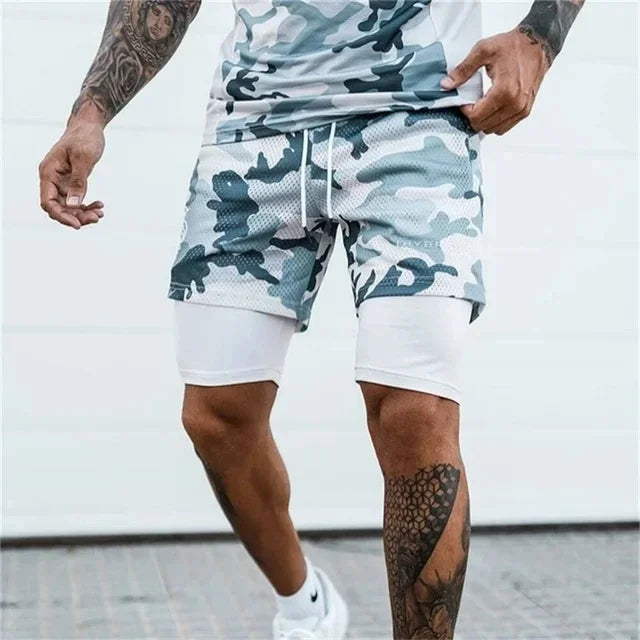 Men Double deck 2 in 1 Jogging Running Workout Shorts