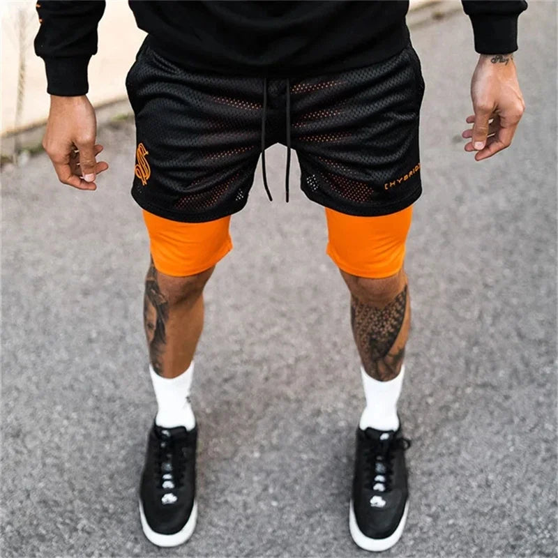 Men Double deck 2 in 1 Jogging Running Workout Shorts