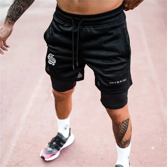 Men Double deck 2 in 1 Jogging Running Workout Shorts