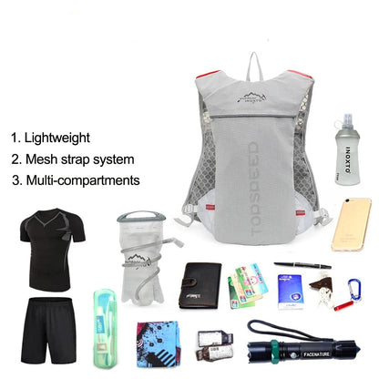 Lightweight backpack with accessories on a white background, featuring capacity 5L