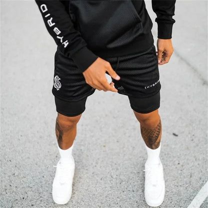 Men Double deck 2 in 1 Jogging Running Workout Shorts
