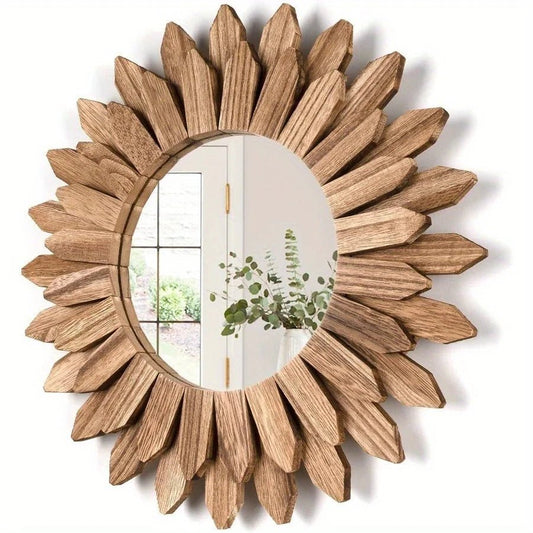 12inch Rustic Wooden Farmhouse Decorative Wall Mounted Mirror - Xnest
